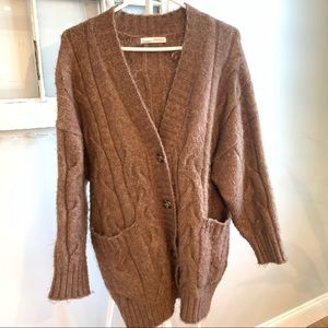 Pull and Bear Brown Oversized Cableknit Cardigan With Pockets